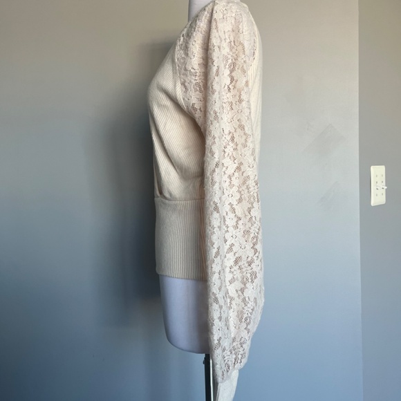 Anthropologie Lace Sleeve Ribbed Knit Surplice Cocktail Top Cream Wrap Sweater - Picture 8 of 10